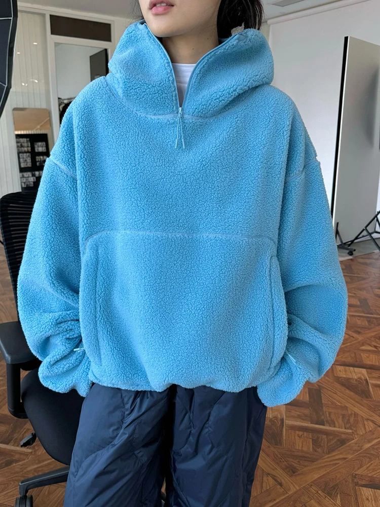 [EAM] Blue Lambswool Thick Casual Sweatshirt New Hooded Long Sleeve Women Big Size Fashion Tide Autumn Winter 2023 1DH7863