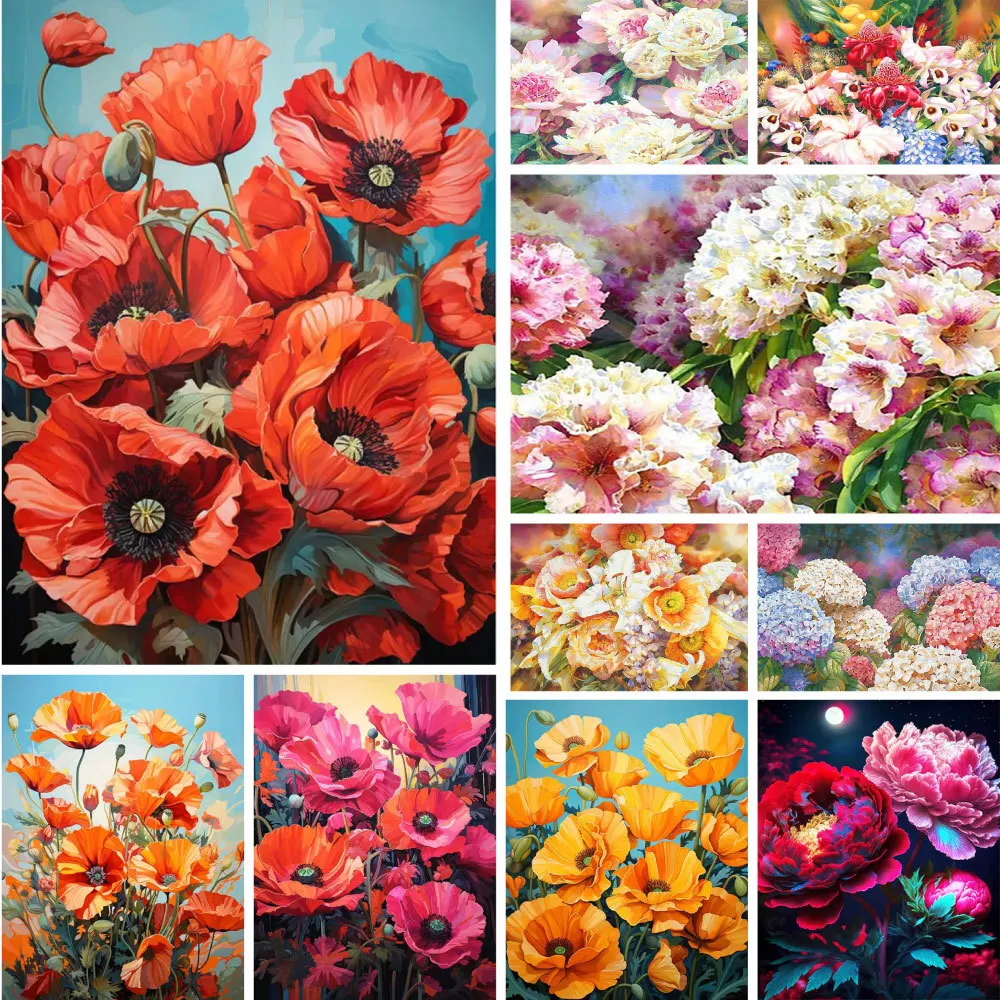 Flowers Poppy Rose Printed Fabric Cross-Stitch DIY Embroidery Set Sewing Painting Handiwork Knitting Room Decor Package Counted