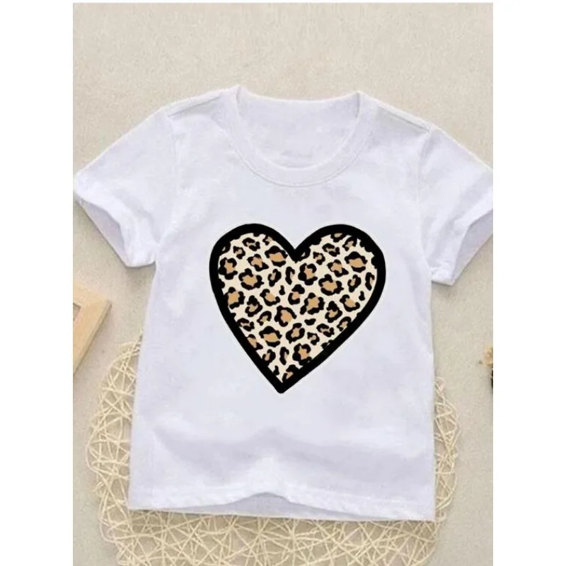 Leopard Love Heart Cute NewKids Tees Tops Short Sleeve Fashion O-neck Girls Boys Summer Cartoon Outfits T-shirts Children Clothe