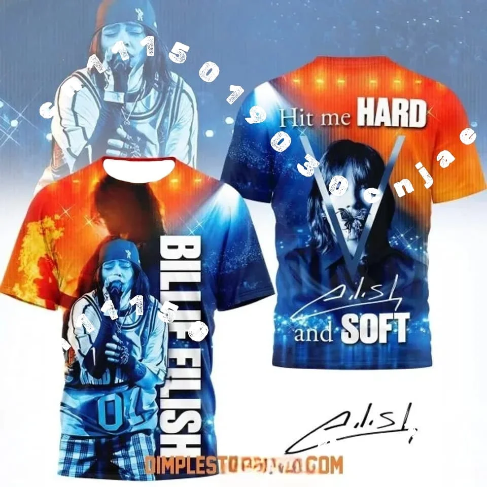 Billie Eilish Double-sided 3D Full Print Top, Hit Me Pattern T-shirt, Vintage Concert Portrait Neutral Short Sleeved Street Wear