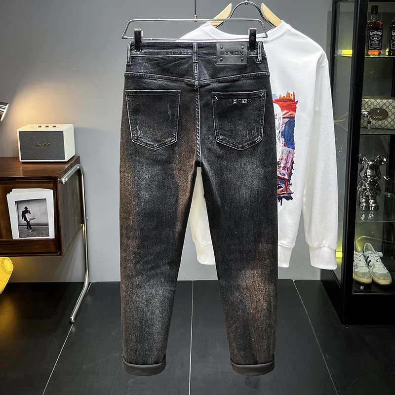 Jeans élastiques coupe couvertes pour hommes, pantalons effilés tout match, noir, gris, marque de mode haut de gamme, automne, nouveau, 2021