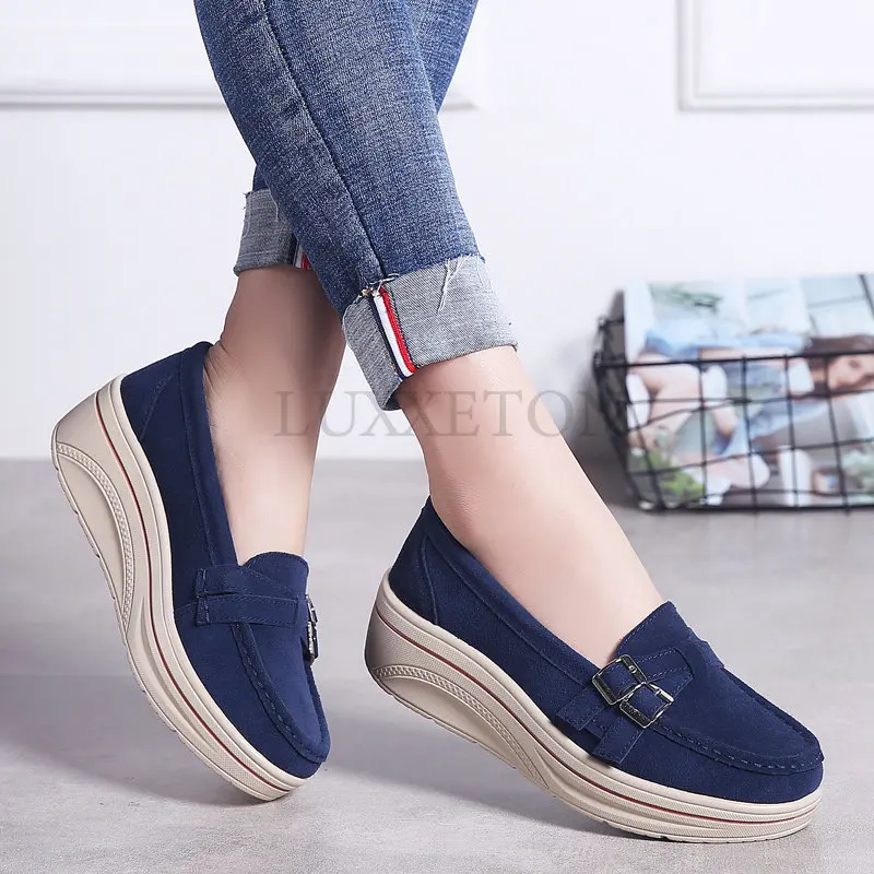 Women Platform Shoes Leather Flats Casual Thick Bottom Height Increasing Slip on Creepers Sneakers Moccasins Suede Loafers