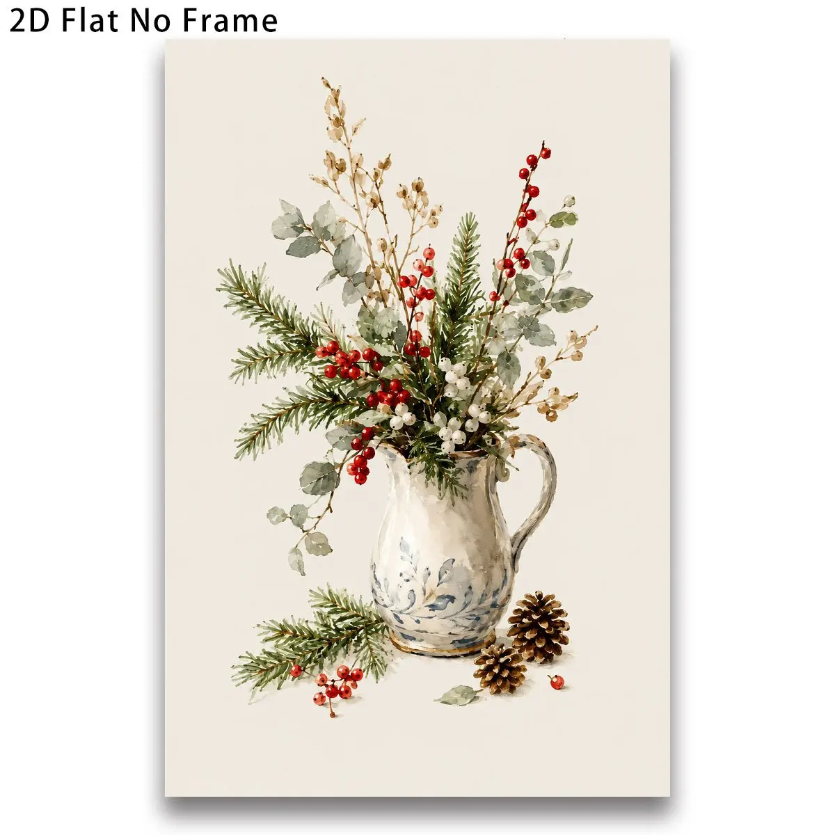 2D Flat, 2D Flat, 1pc Christmas Pine Branch And Berries in Vase Poster Winter Vintage Botanical Wall Art New Year Unframed Ca