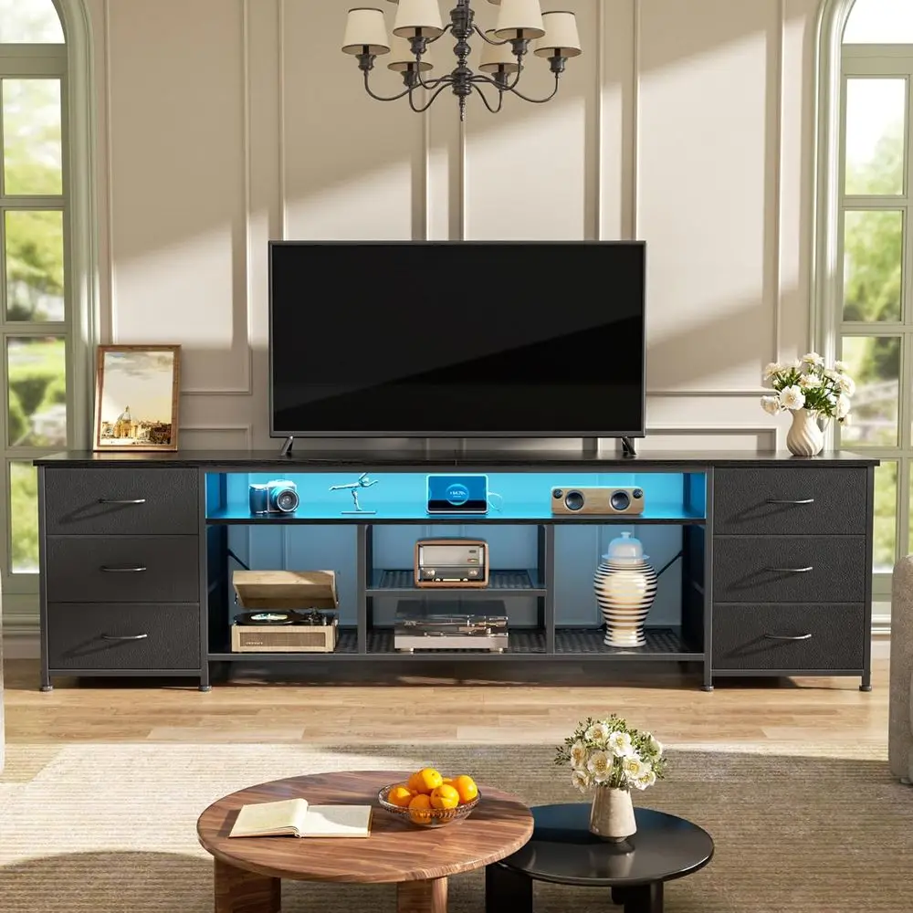 LED TV Stand for 65, 70, 80 Inch TV, 71 Inch Entertainment Center with Power Outlets, 6 Fabric Drawers Dresser for Bedroom