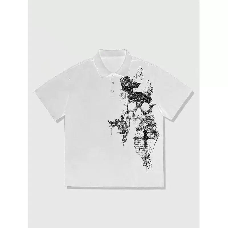 American Street Black and White Polo Shirt, Shoulder Length Short Sleeved T-shirt, Summer Y2k Subculture Short Sleeved Top