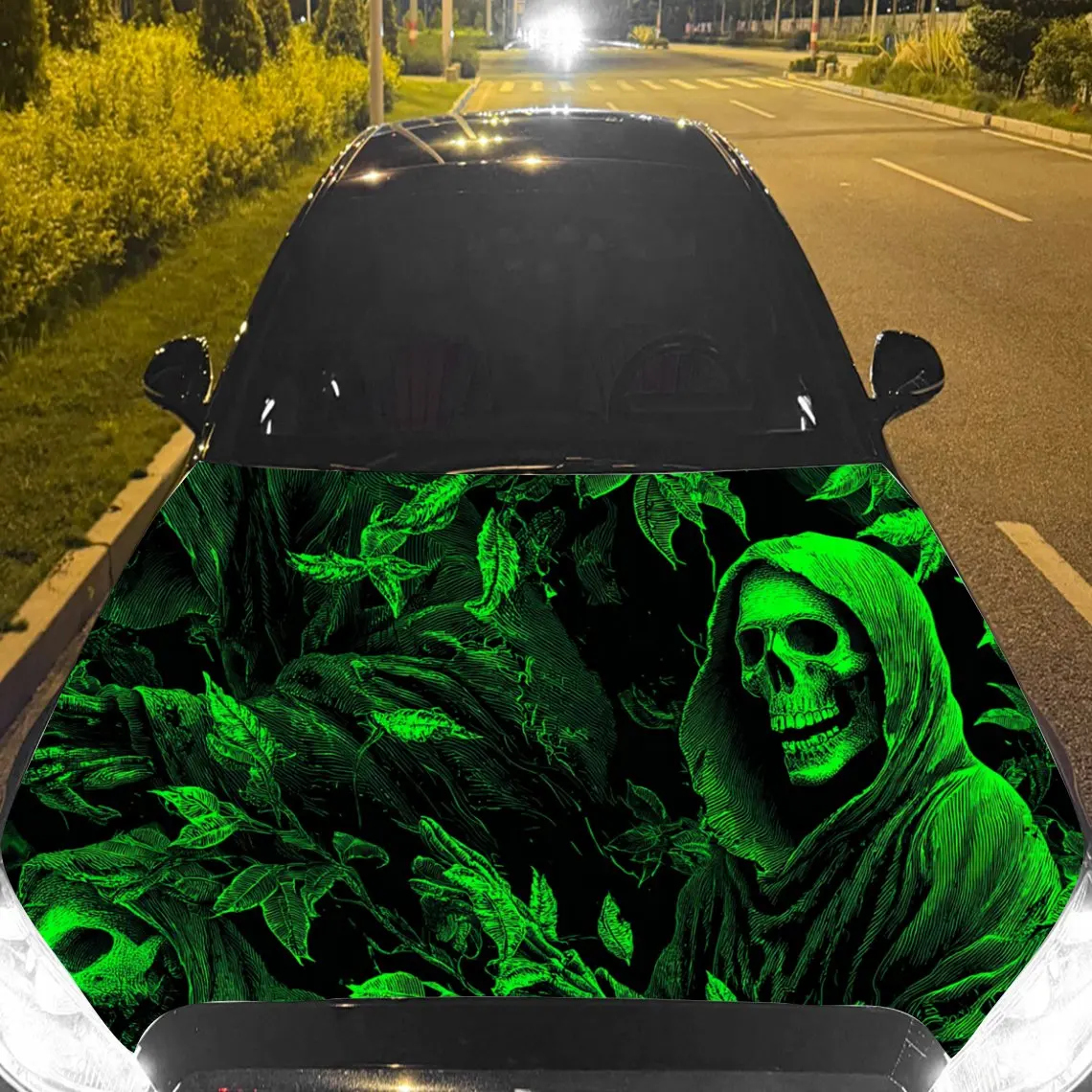 

Car Decal Grim Reaper with Floral Motif in Monochromatic Green Style - Edgy Dark Fantasy Aesthetic Car Hood Sticker, Waterproof