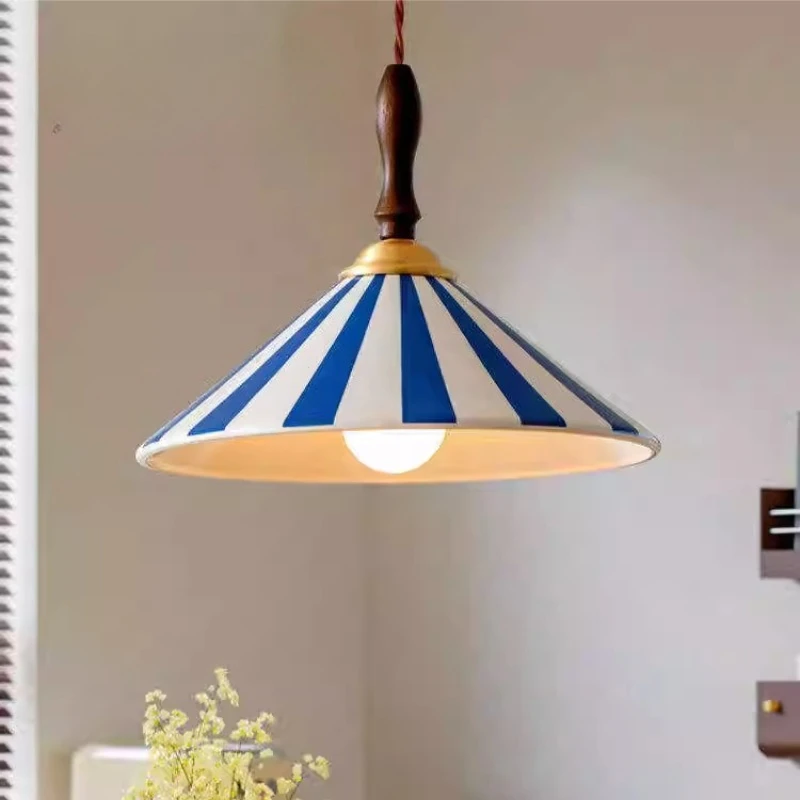 Colorful Ceramic Pendant Light LED French Style Retro Striped Dining Room Hanging Lamp Bedroom Bedside Study Corridor Chandelier