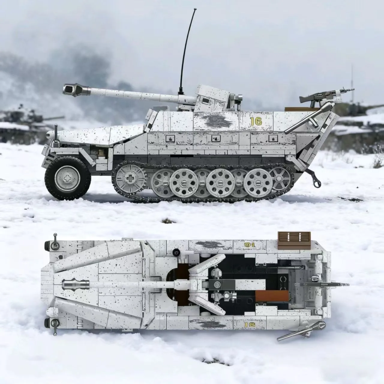 Model czołgu wojskowego z II wojny światowej Moc Sd.Kfz.251, niemiecki pojazd pancerny na półgąsienicach, klocki konstrukcyjne dla hobbystów militariów, kolekcja modeli.