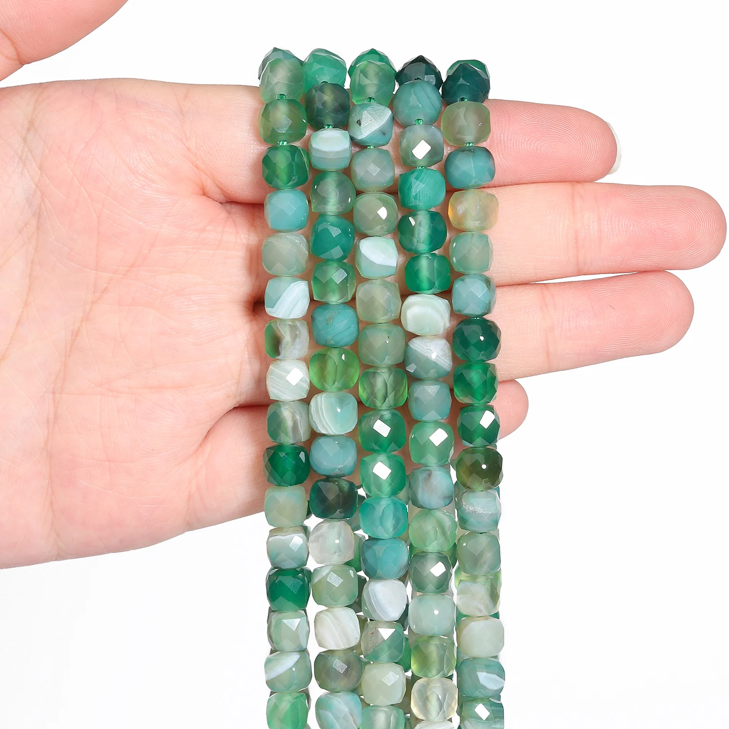 Natural Green Agate Stone Beads 7-8mm Faceted Cube Shape Loose Beads for Charms Jewelry Making Diy Bracelet Accessories