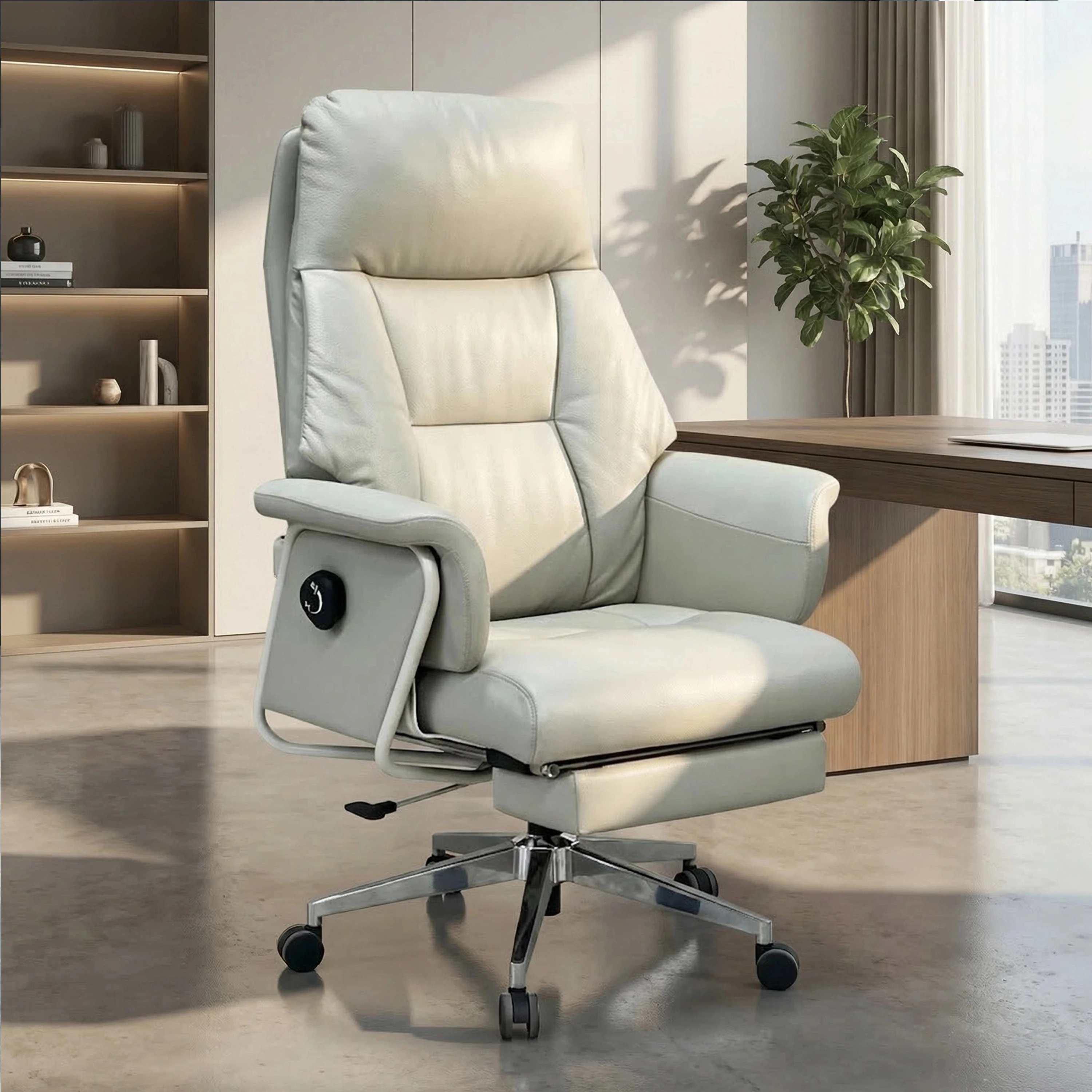 

#￥Premium Genuine Leather Executive Office Chair Footrest Solid Back E1 Class Plate Base Ergonomic