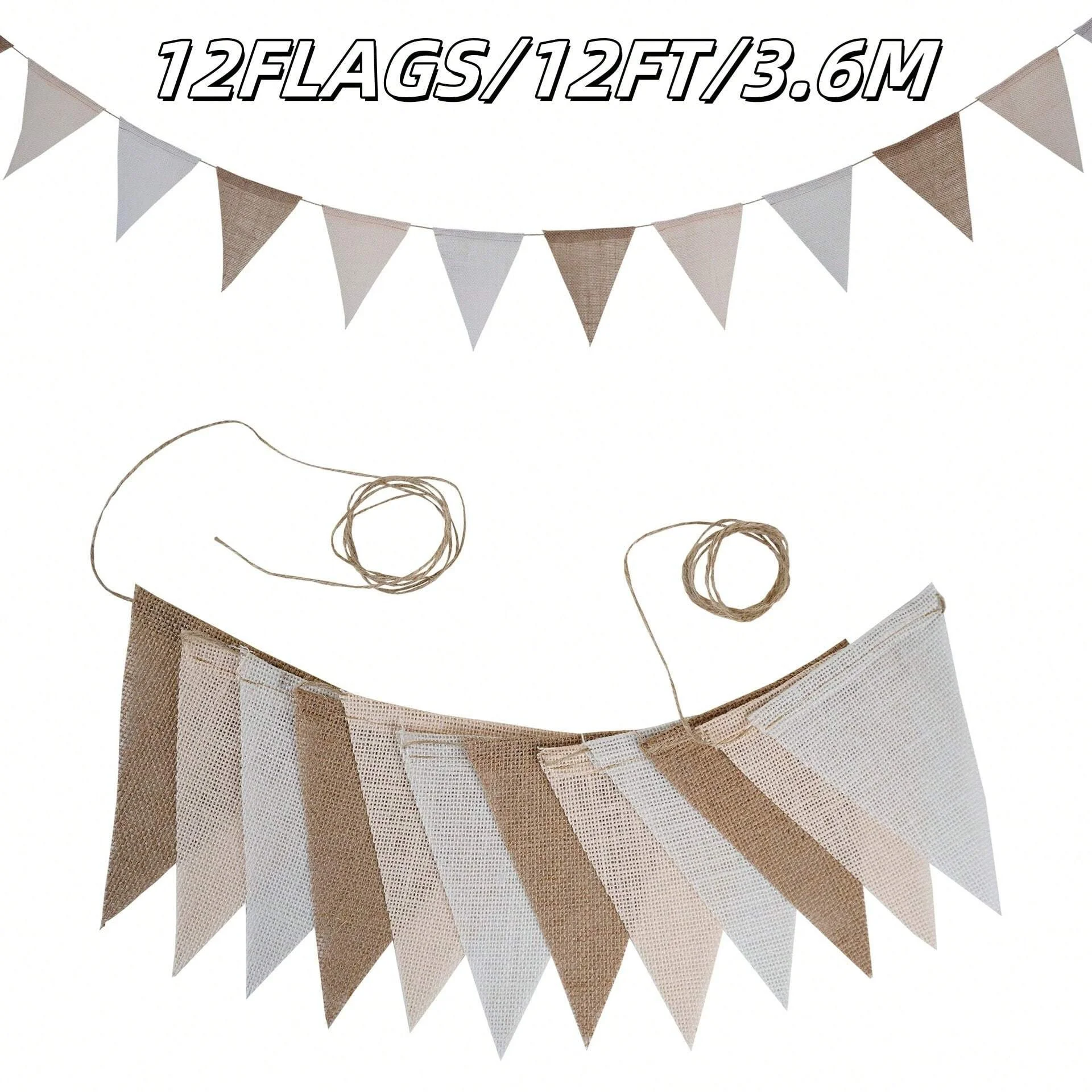 12FT braune Wimpelbanner Sackleinen Dreieck Flaggen Kaffee Leinen Schnur Schnur für DIY Feier Geburtstag Hochzeit Party Dekoration – Detail 1