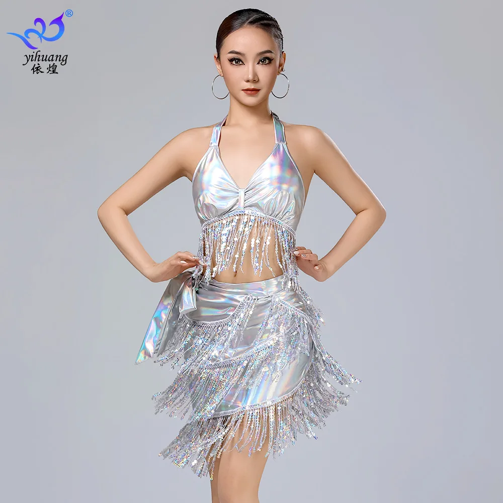 New arrival ! 1set/lot woman fashion latin dance costumes glossy leather sequin tassel top and skirt