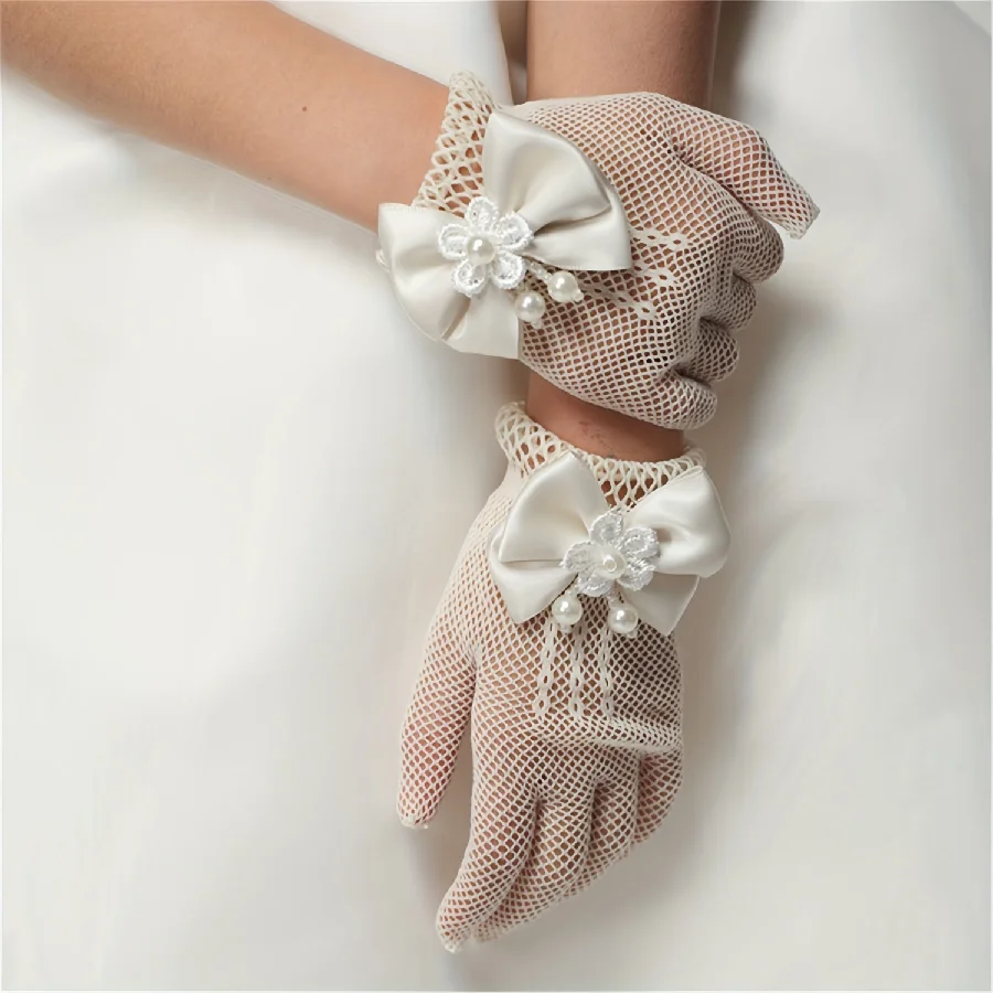 New Children\'s Mesh Bow Lace Pearl Fishing Net Gloves Children\'s Fashion Elegant High Elastic Short Gloves Party Gloves