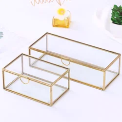 Ornate Gold Brass Vintage Glass Jewelry Box Lace Edged- Rectangle Geometric Jewelry Display Organizer Jewelry Box Case Home Box