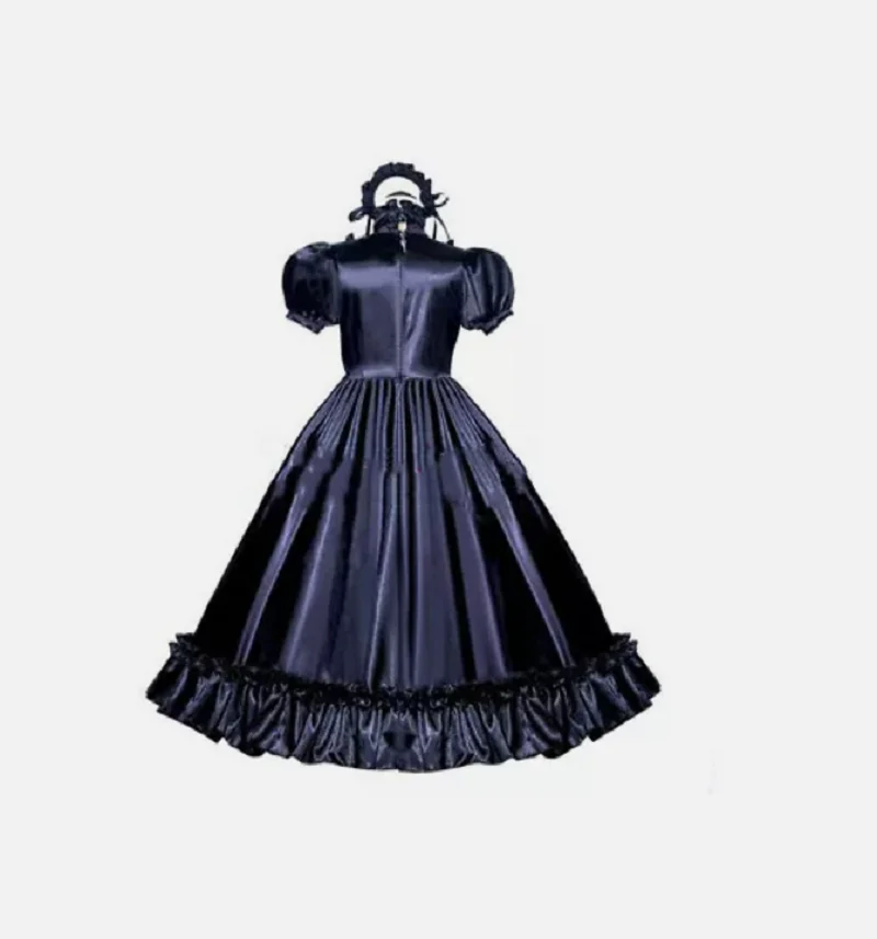 French Sissy Maid Lockable Black Satin Dress Cosplay Costume Tailor-made