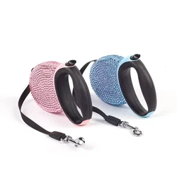 Pet Retractable Leash With Rhinestone Bling Crystal Cat Puppy Dog Lead  Pink Blue 3M Flat Line Drop Shipping