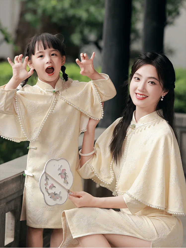 Parent-child Summer Thin Cheongsam Retro Gentle Elegant Dignified Soft Grace Breathable Adults children Short-sleeved dress