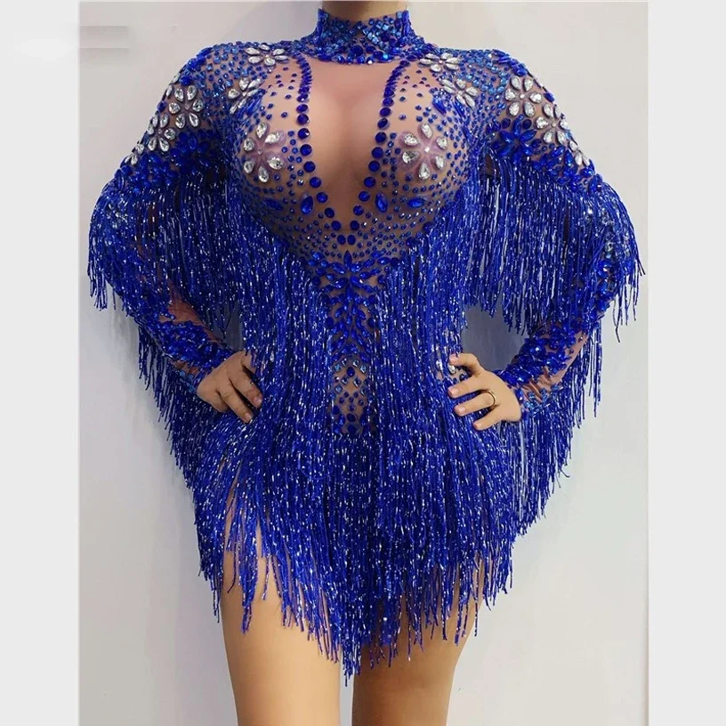 Mulheres manga comprida strass bodysuit, palco traje de dança, aniversário celebridade, cantor, azul