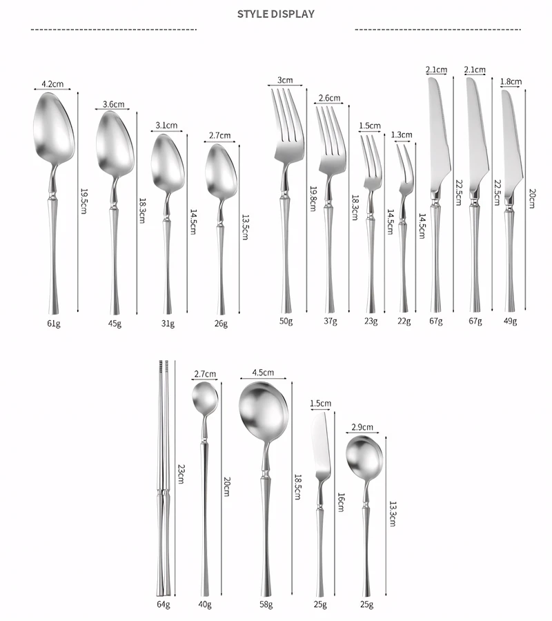 الفضة ماتي 304 الفولاذ المقاوم للصدأ مجموعة أدوات المائدة سليم كاملة سكين ملعقة شوكة مجموعات المنزلية عشاء الإفطار الجدول الملحقات #6