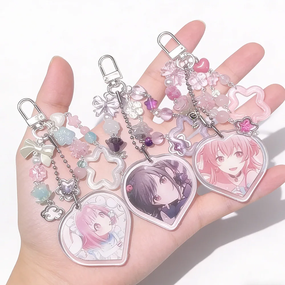 Kawaii Anime Project Sekai Heart Beaded Keychain Star & Flower Pendant Coquette Y2K Aesthetic Backpack Decor for Anime Fans