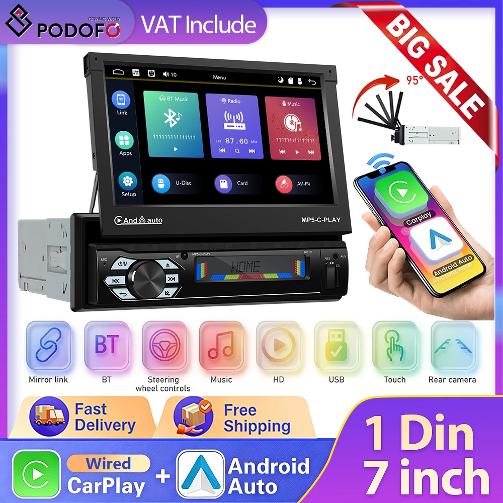 Autoradio Podofo 1 Din 7'' avec écran rétractable automatique, CarPlay et Android Auto, lecteur multimédia universel pour voiture