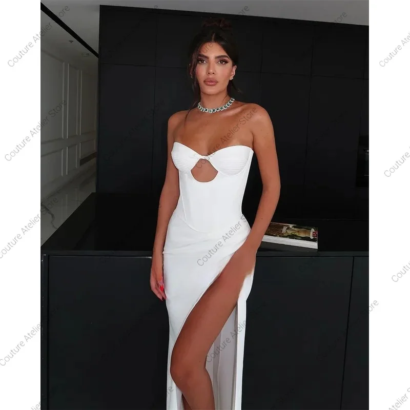 فستان زفاف أبيض حديث للنساء حورية البحر بفتحة عالية الساق بدون حمالات فساتين حفلات مشد من الساتان رداء De Mariée مخصص #3