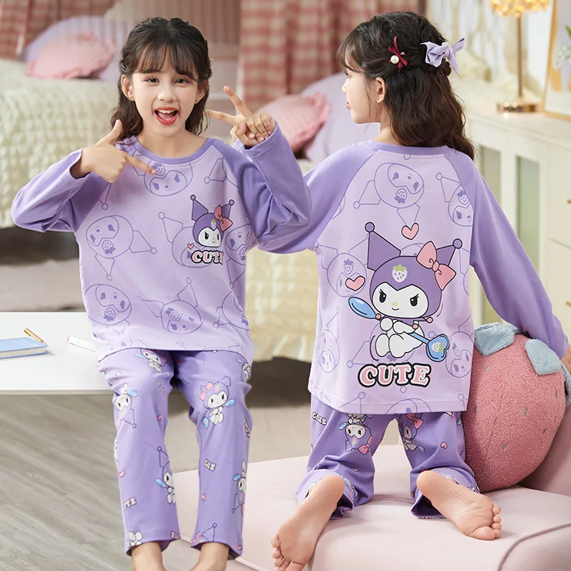 

Kawaii Hello Kitty детские пижамы аниме Kawaii для родителей и детей с круглым вырезом и леопардовым принтом, топы с длинными рукавами, брюки, мягкая домашняя одежда