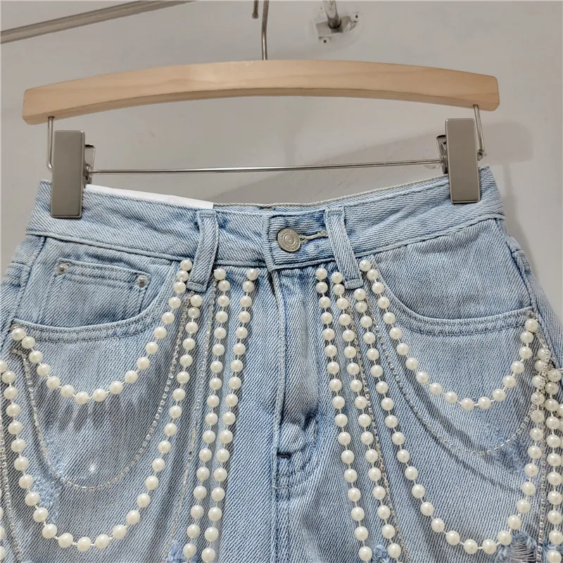 2024 Summer New Arrival Denim Shorts Women's Handmade Beaded Edge Korean Style High Waist Slimming Wide Leg Pants