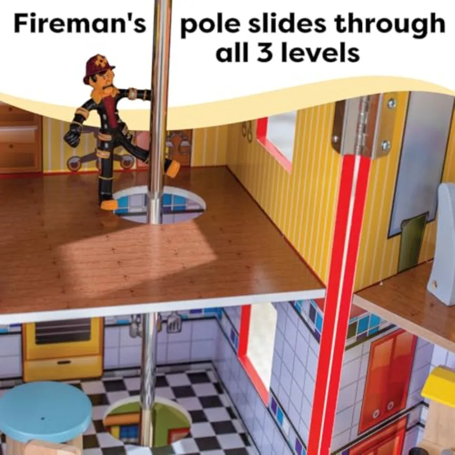 エブリデイヒーローズ 木製プレイセット、3階建て、26個のアクセサリー付き、収納用に折りたたみ可能