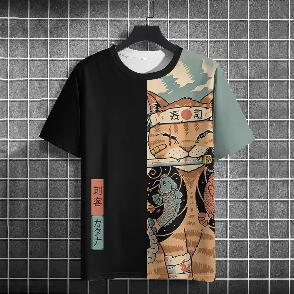 Fashion Men Japanese Ukiyo-e Samurai Cat Print T-Shirt Retro Anime Style Crew Neck Short Sleeve Tee Cartoon Casual Summer Tops