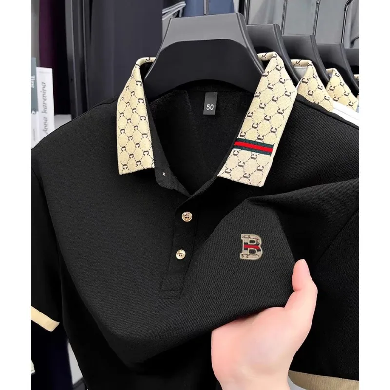 

2026 Summer Men's Color Block Lapel Polo Shirt Luxury B Letter Embossed Lightweight Breathable Fashion Short Sleeve Casual Top