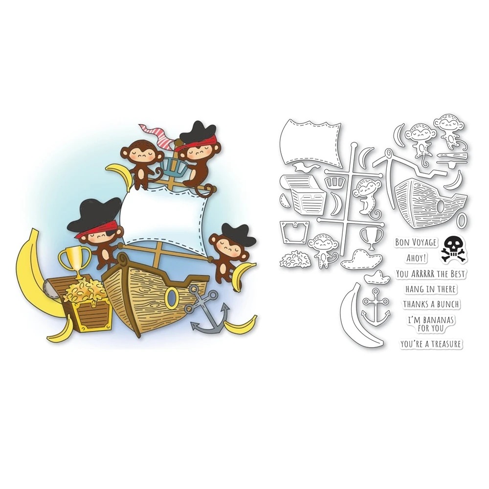 

New June 2024 Whittle Pirate Monkey Kit Metal Cutting Dies and Clear Stamps for Scrapbooking Frame Card Craft Supplies