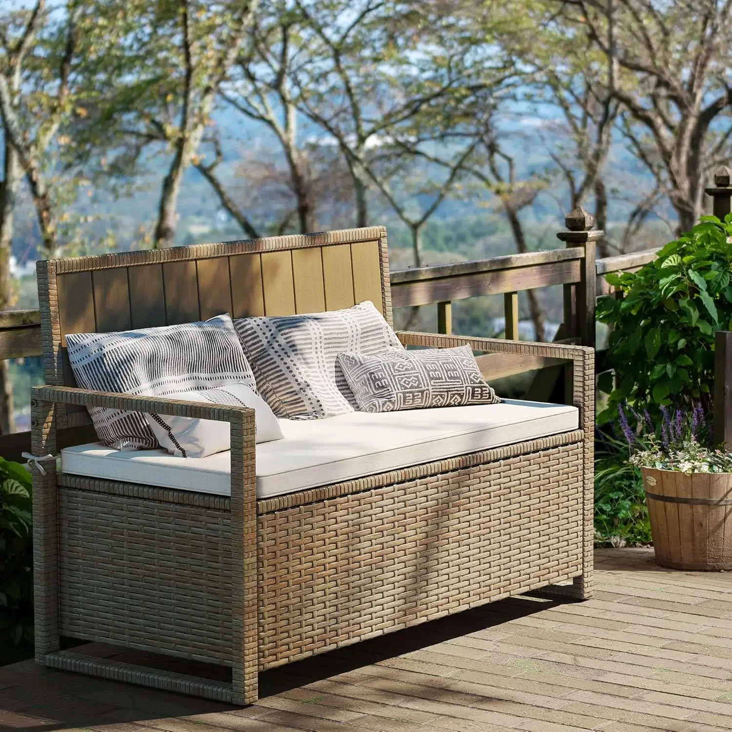 Gallon Outdoor Storage Bench, PE Rattan Deck Box, Wicker Seat Box for Patio Furniture,Cushions, Pooln