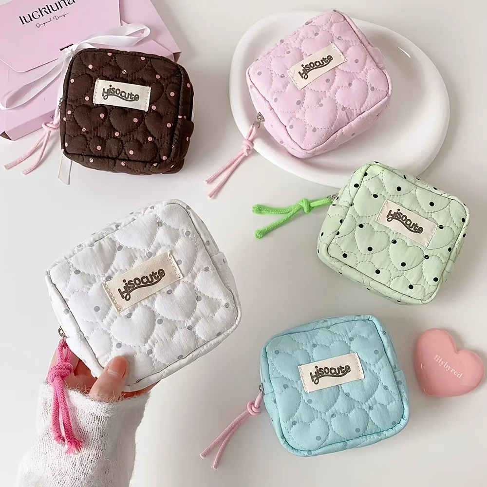 Women's Coin Purse—Mini Square Wallet with Polka Dots and Hearts, Korean-Style Makeup Bag, Sanitary Napkin Storage Bag, Available in Multiple Colors, Portable Makeup Pouch with Pocket Design, Suitable for Travel, Vacation, and Home Use, Ideal Gift for Sharing