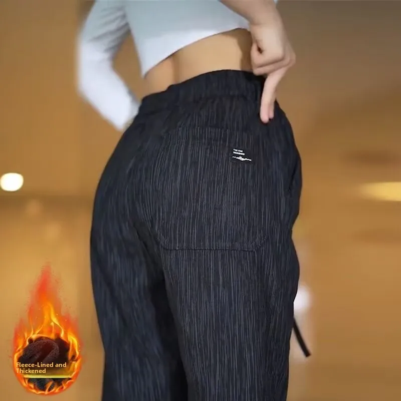 New Women's Fleece Lined Loose High Waist Slim Fit Straight Leg Pants Casual Fashionable Striped Trousers All Match Pants