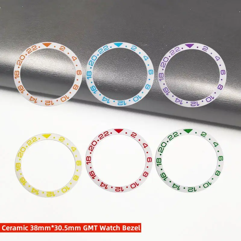 الأبيض السيراميك 38 مللي متر * 30.5 مللي متر ساعة اكسسوارات المنحدر ساعة الحافة الدائري GMT 2-22 أحمر أخضر أزرق عدد إدراج مائل ساعة الحافة #1