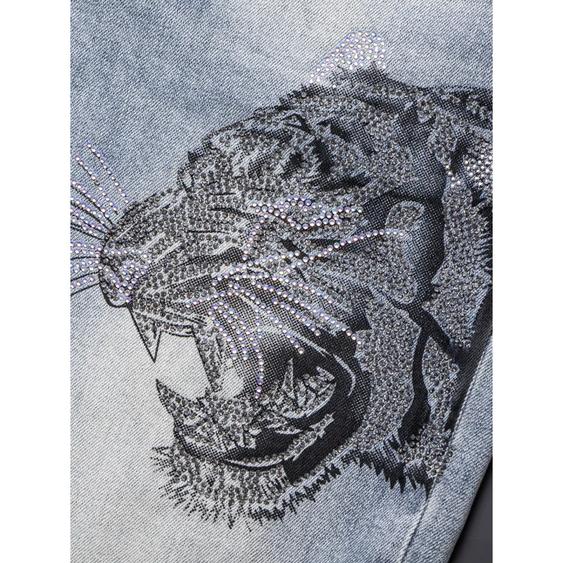 Модные легкие роскошные мужские джинсы с принтом головы тигра и стразами, новинка 2023 года, модные брендовые облегающие рваные брюки с маленькими штанинами
