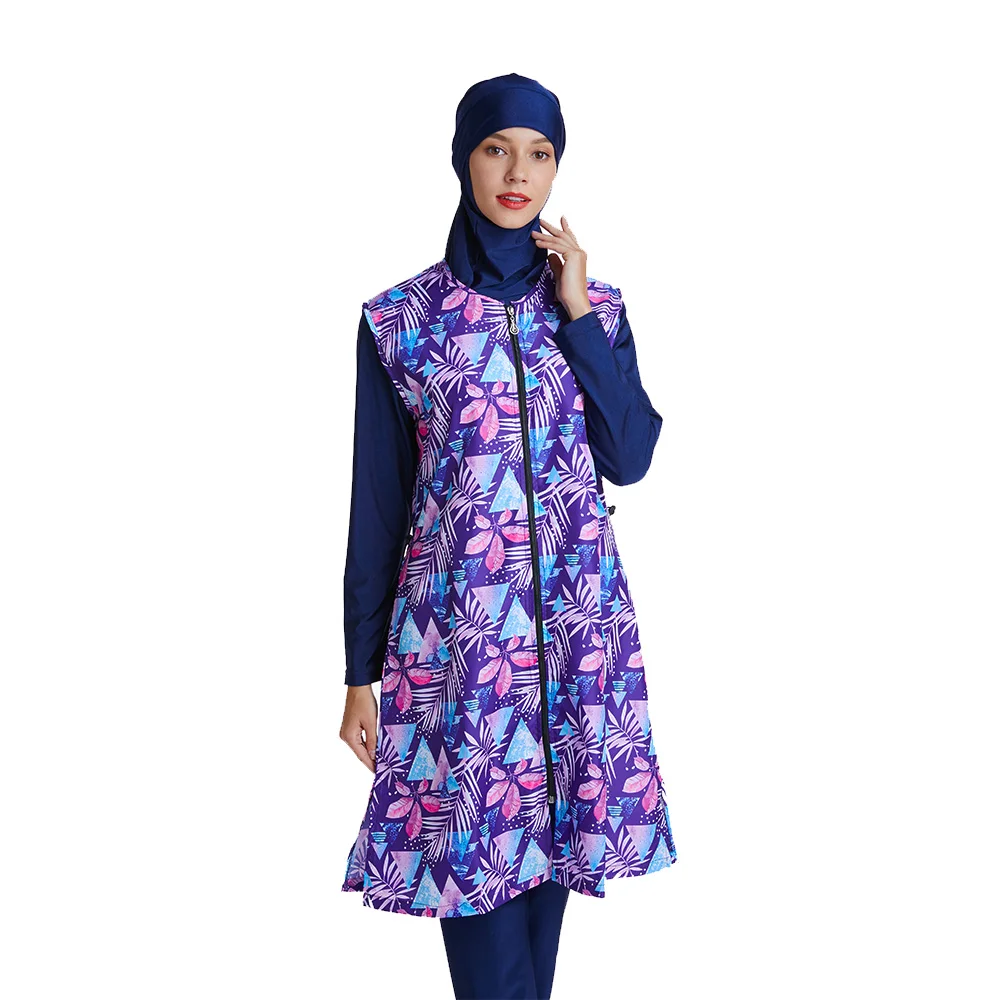 Burkini Purple Floral Swimsuit with Zipper Beachwear, All Cover, Beach Wear with Cap, Arabian Women\'s Swimwear, New, S-3XL, 3Pcs