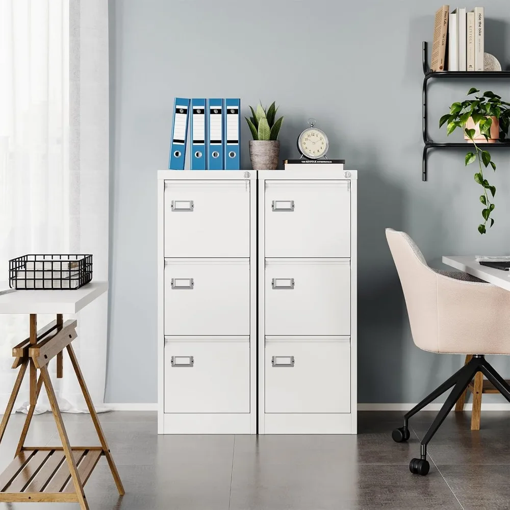 Vertical 3-Drawer White File Cabinet with Lock, Home Office Storage for Letter Legal Files and Folders