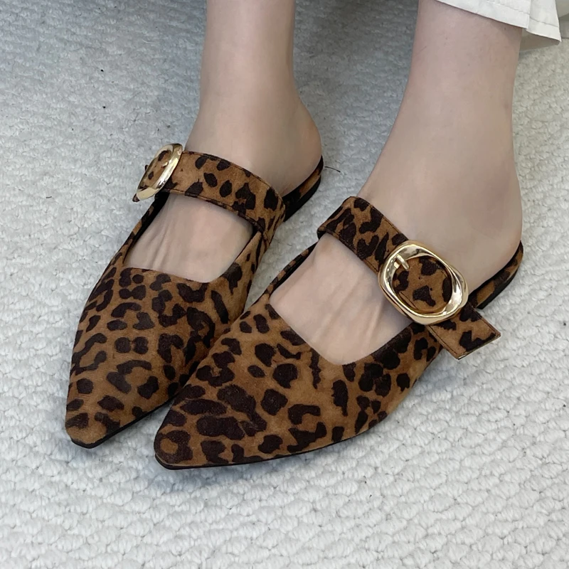 

Women Flat Shoes Leopard Print Pointed Toe Slingback Flats Summer Ladies Lazy Shoes Belt Buckle Loafers Zapato Casual Mujer