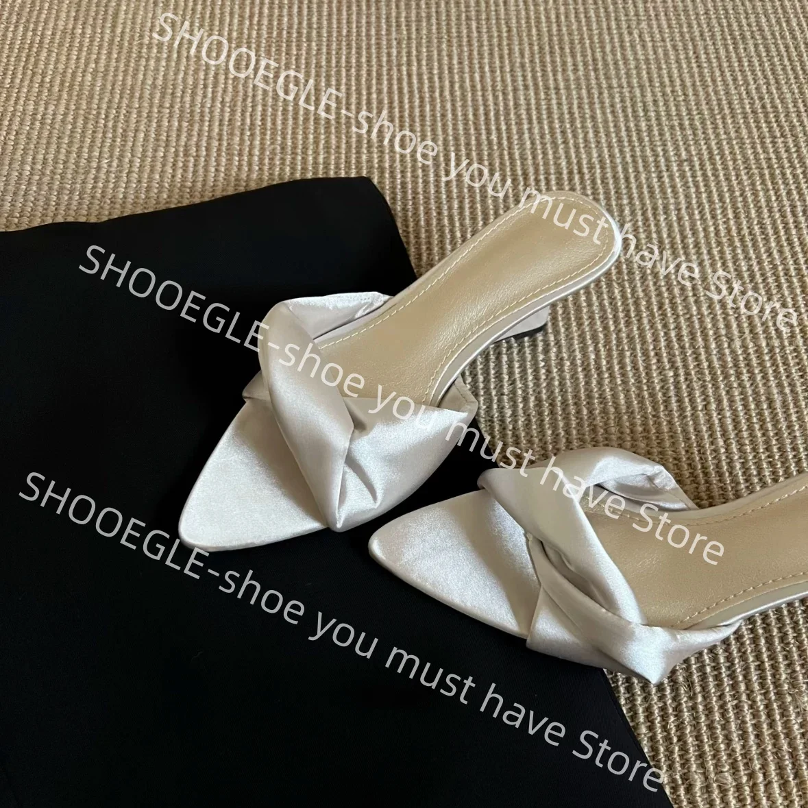 Women Champagne Satin Twist Knot Pointed Toe Wedge Heel Mule Slide Sandals Elegant Design Slip-On Daily Wedding Vintage Slippers