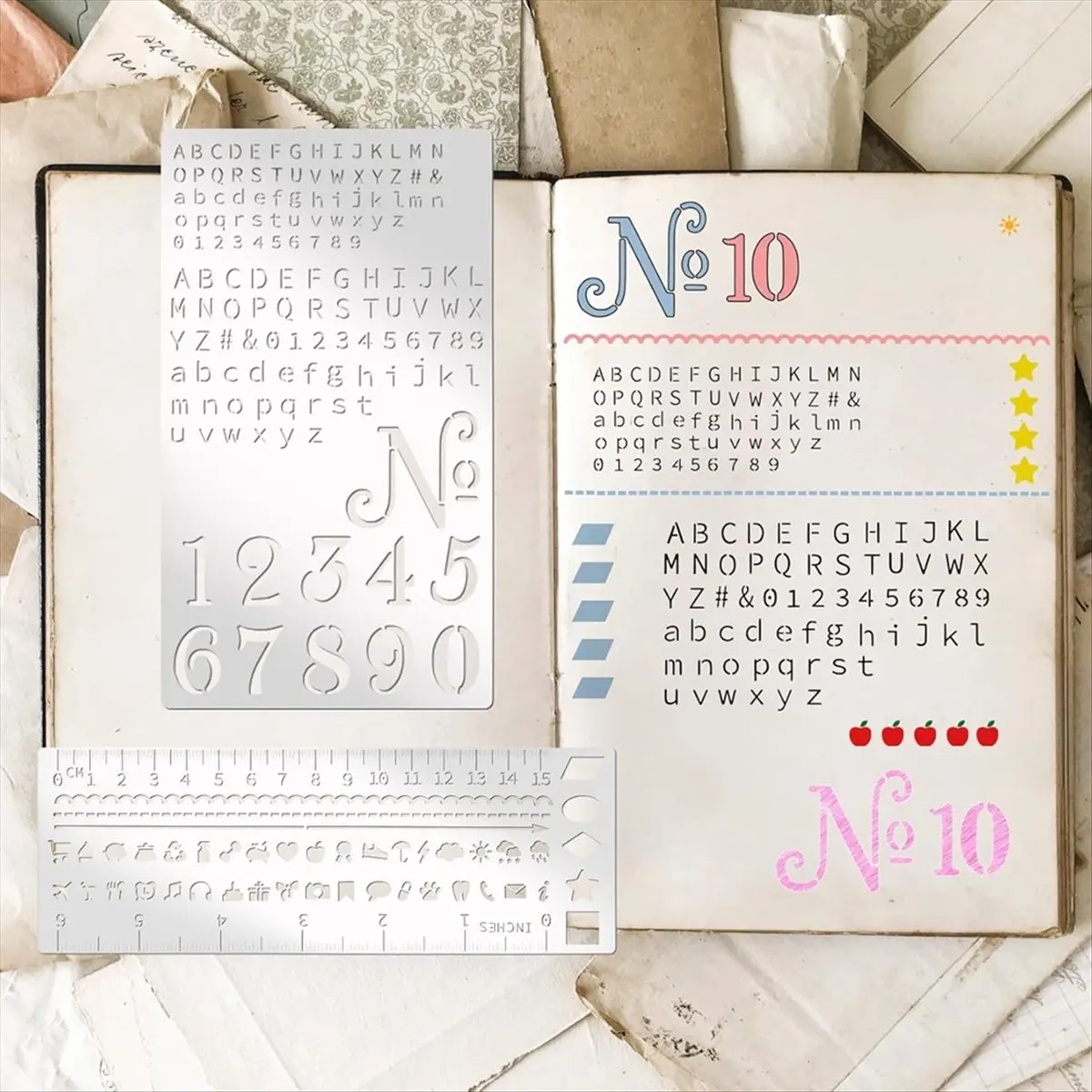 NEW 4 Pcs Metal Planner Stencil Journal Engraving Small Letter Stencils for Journaling, Bookmarks, Rulers, Planners,