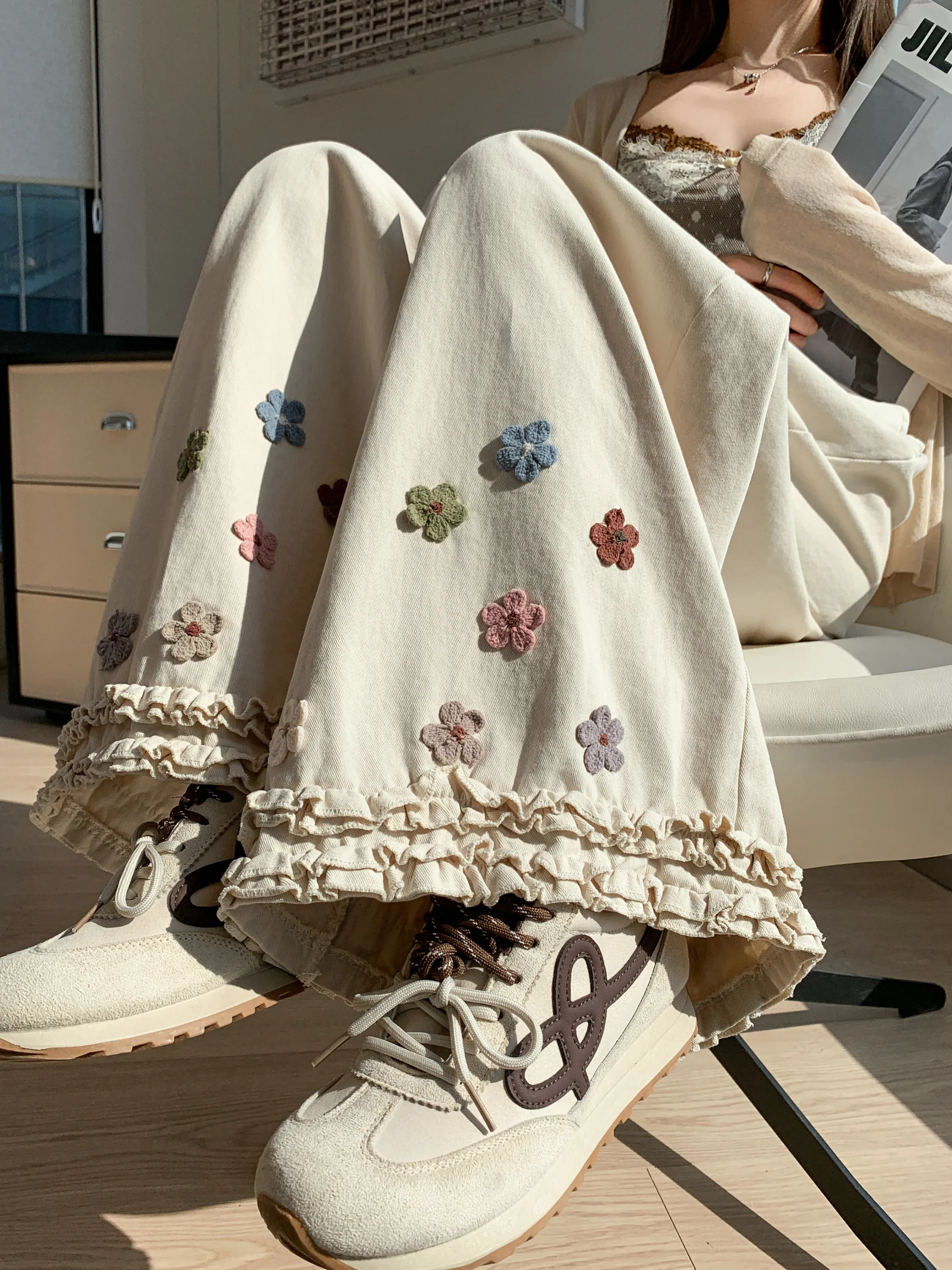 

High Waist Wide Leg Pants Women's Spring Summer New Design Cotton Washed Embroidered Flower Casual Pants Straight Cut Casual