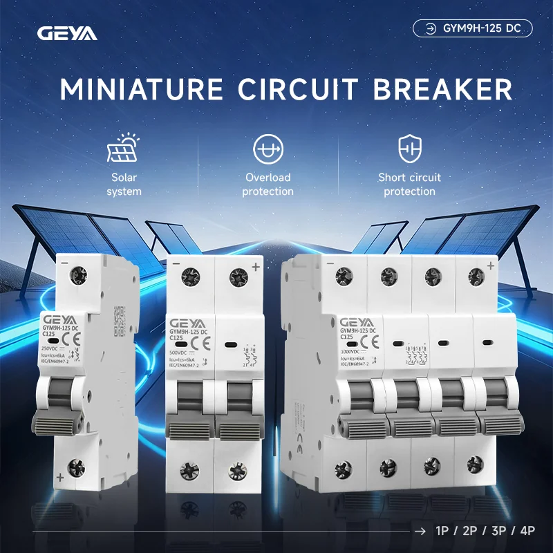 

GEYA 1P 2P 3P 4P DC 1000V 6kA MCB Solar Mini Circuit Breaker Overload Short Circuit Protection Isolation for PV System 100A 125A