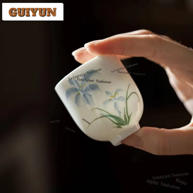 HOYIHM 2pc/set Hand Drawn Iris Ceramic Tea Cup Japanese Style Fragrance Gathering Cup Handmade Master Single Cup Teaset 60ml