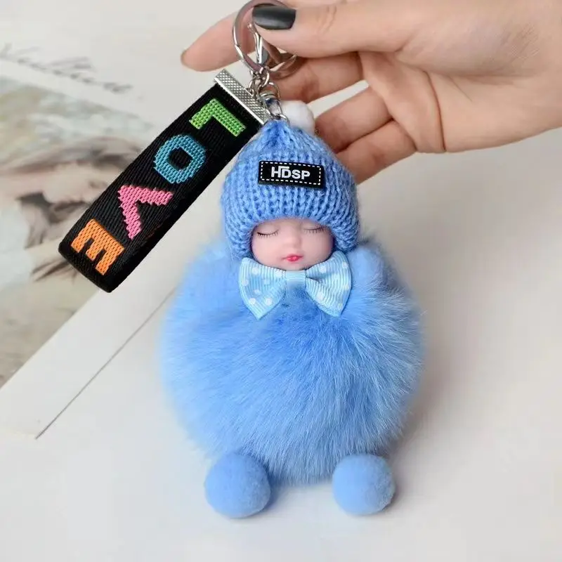 100% real fox hair sleeping doll Car keychain pendant cute action doll Ladies bag pendant cute mobile phone pendant  hair ball