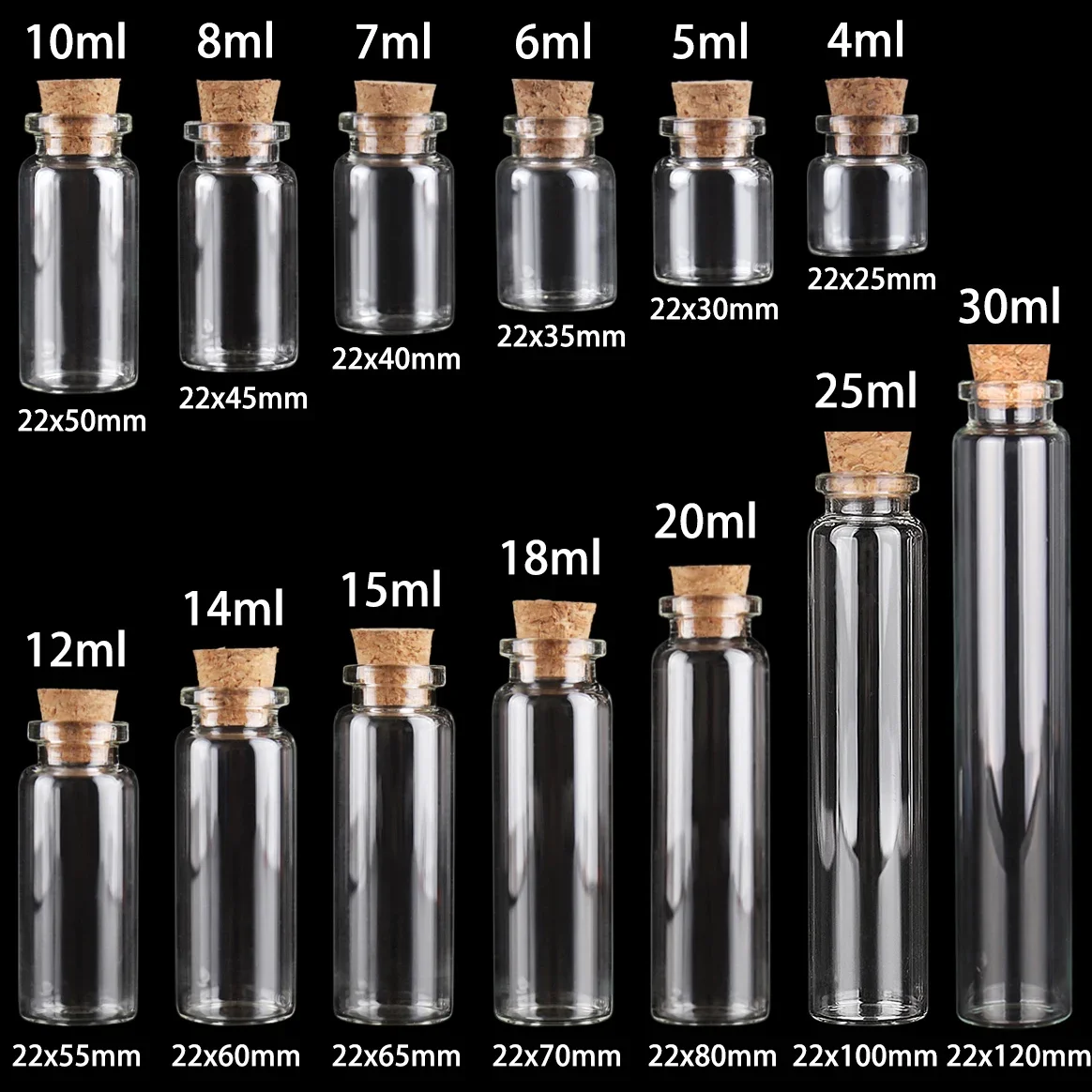 10PCs 4ml 5ml 6ml 7ml 8ml 10ml 12ml 14ml 15ml 18ml 20ml 25ml Glass Wishing Bottles with Cork Stoper Wedding Gift Empty Container