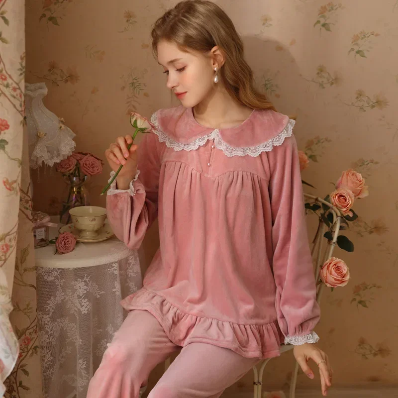 Autumn Winter Velvet Loungewear Sweet Lace Pajamas Women Velour Tops Pants Two Piece Sets Princess Sleepwear Flannel Nightwear