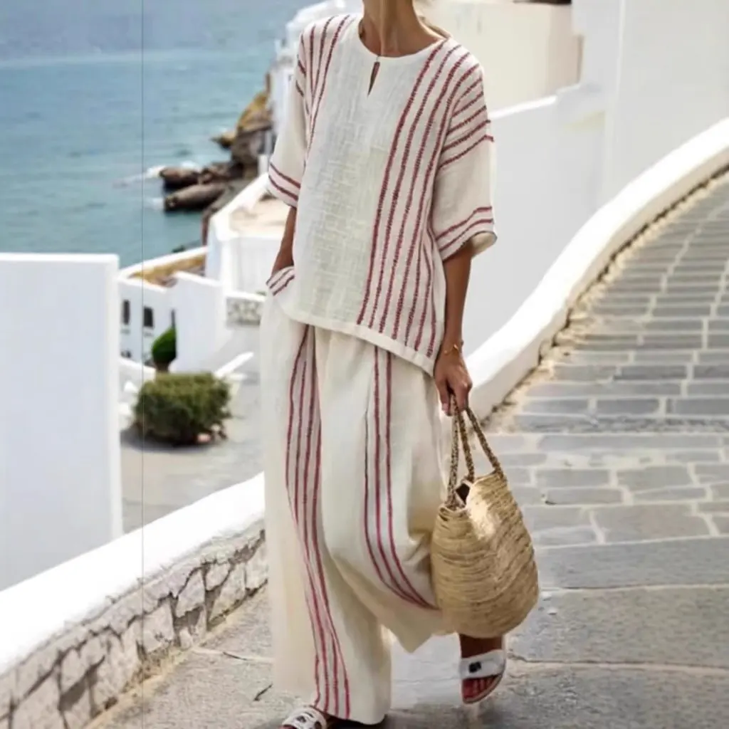 

Women's 2-Piece Set European And American Style round Neck Striped Linen Cotton Short-Sleeved Top And Casual Pants