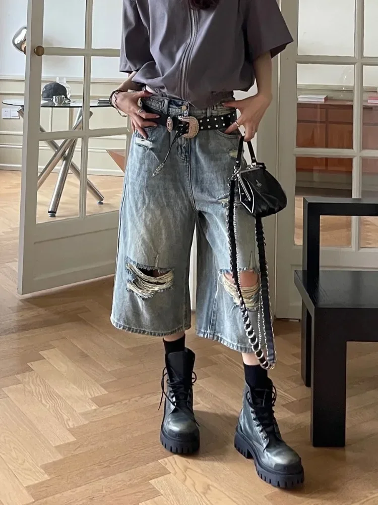 Vintage Blue Ripped Short Jeans Women Oversized Distressed Jorts Y2k Grunge Baggy Boyfriend Denim Shorts Wide Streetwear
